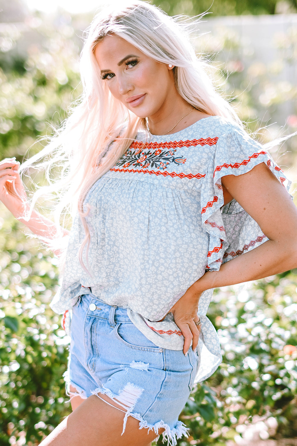 Angie Boho Embroidered Floral Print Flutter Sleeve Blouse Threaded Pear