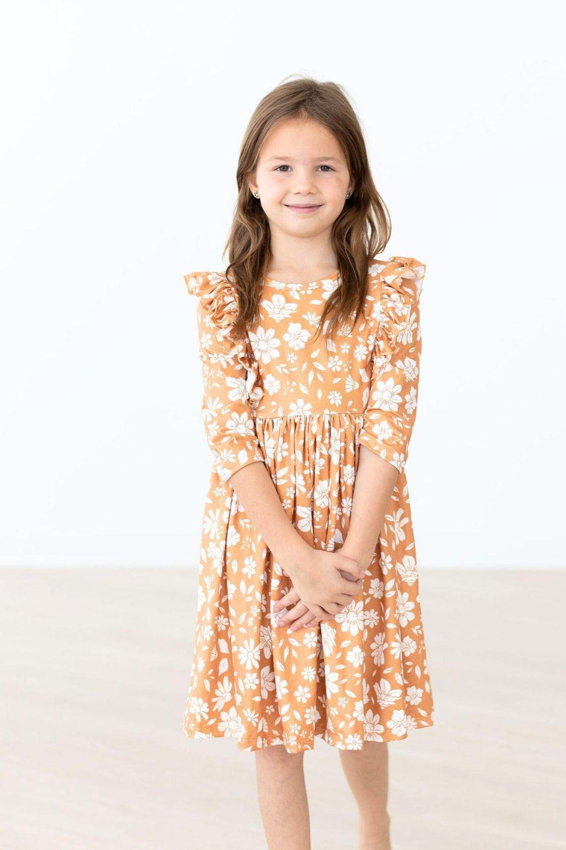 Golden Blooms 3/4 Sleeve Ruffle Twirl Dress