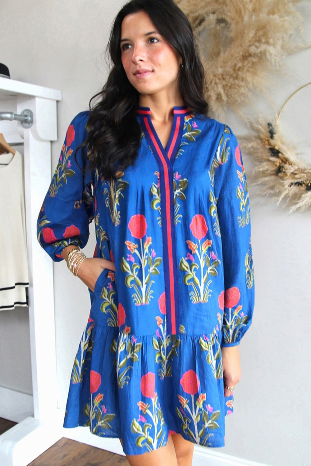 White Floral Print Contrast Striped Trim Notched Neck Long Sleeve Dress