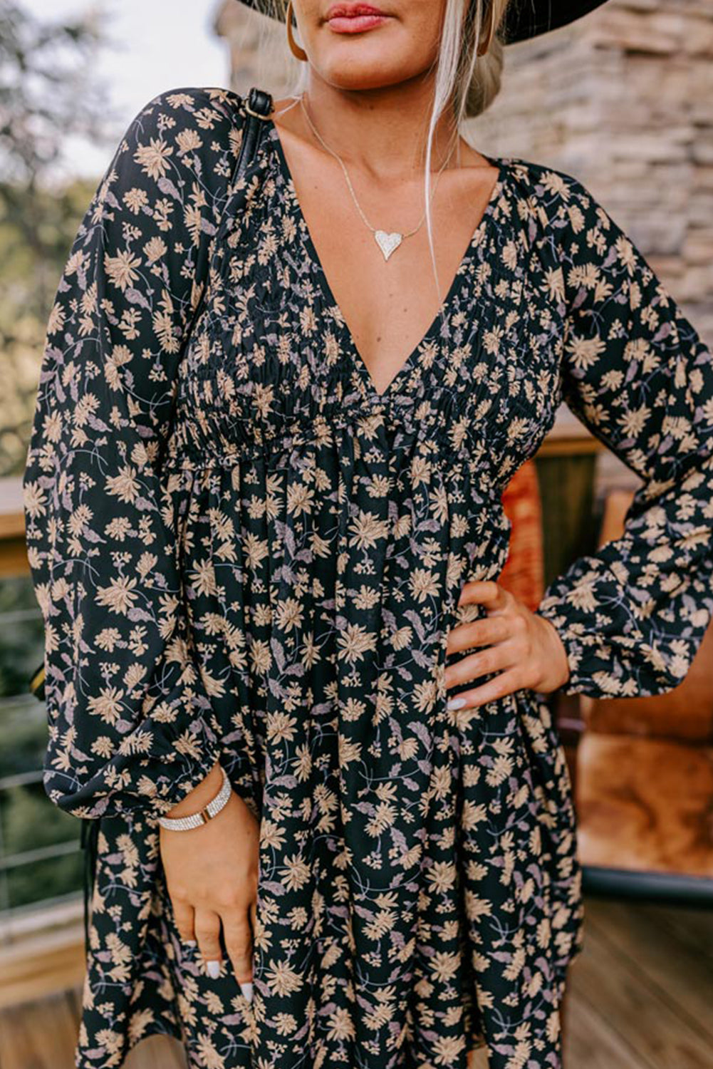 Black Floral Deep V Neck Smocked Bust Bubble Sleeve Babydoll Dress