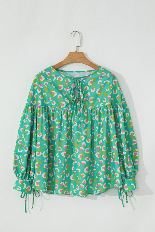 Printed Lace-up Lantern Sleeve Babydoll Blouse YNIQUE Aaria Tees