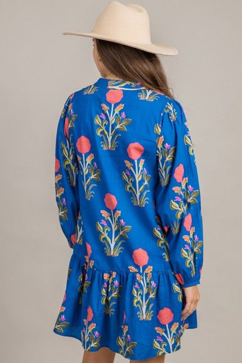 White Floral Print Contrast Striped Trim Notched Neck Long Sleeve Dress
