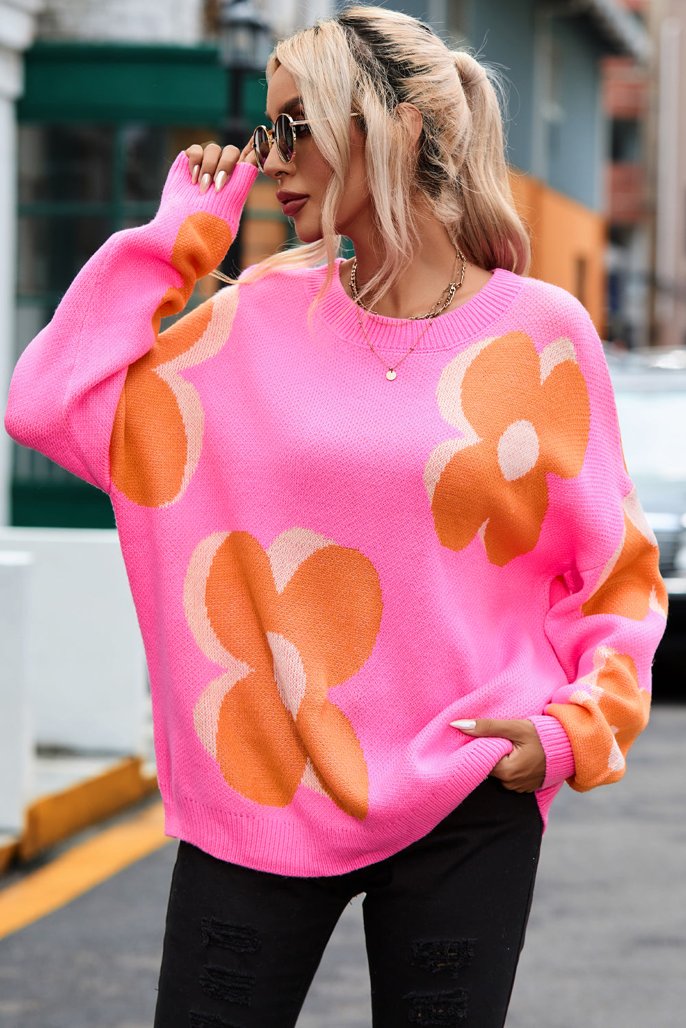 Flower Pattern Slouchy Sweater Aaria Tees