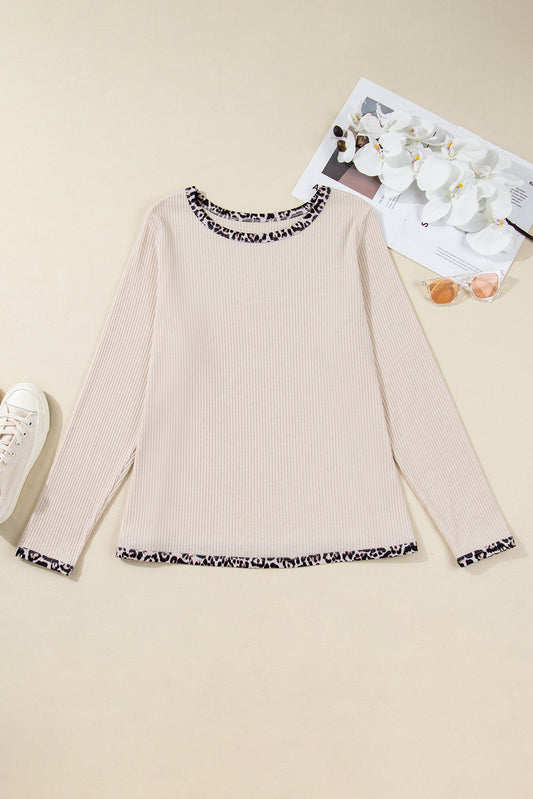 Plus Size Leopard Contrast Trim Ribbed Knit Top