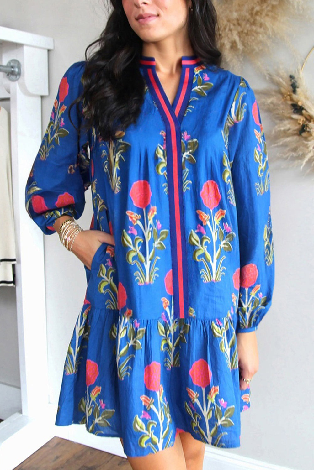 White Floral Print Contrast Striped Trim Notched Neck Long Sleeve Dress