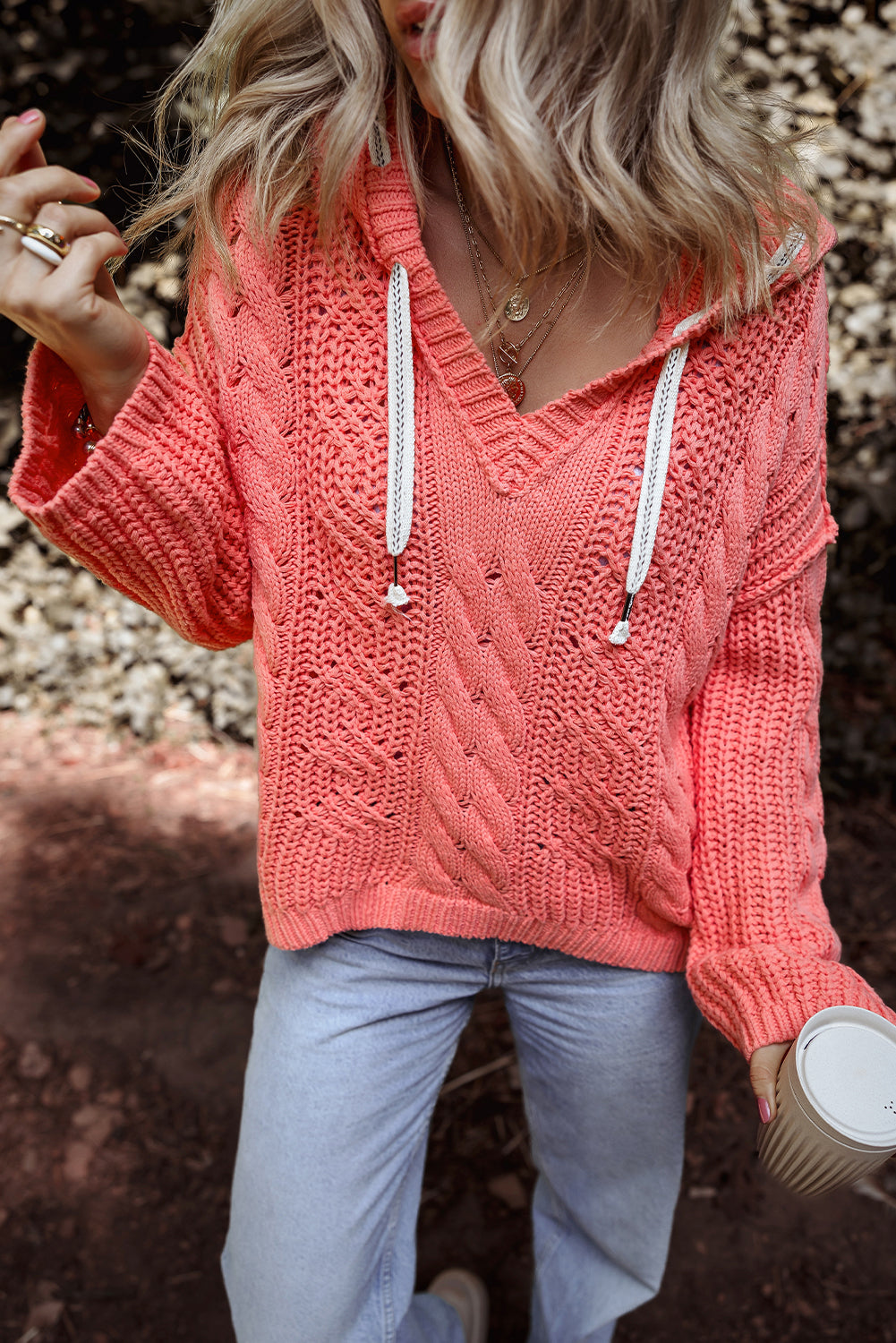 Sariah Cable Knit Drawstring Hooded Sweater - Aaria Tees Aaria Tees