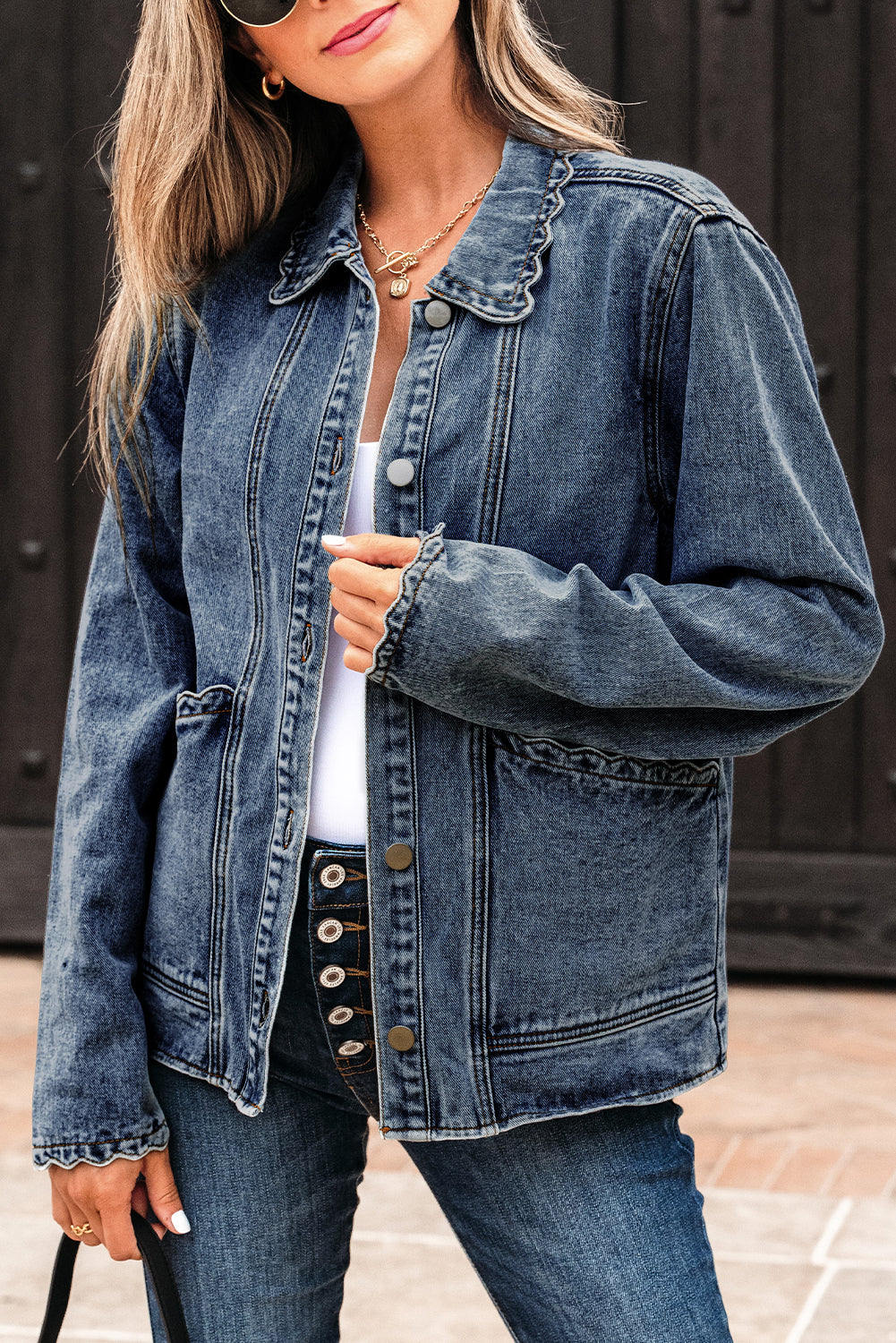 Sail Blue Scallop Trim Collar Patched Pocket Button Up Denim Jacket
