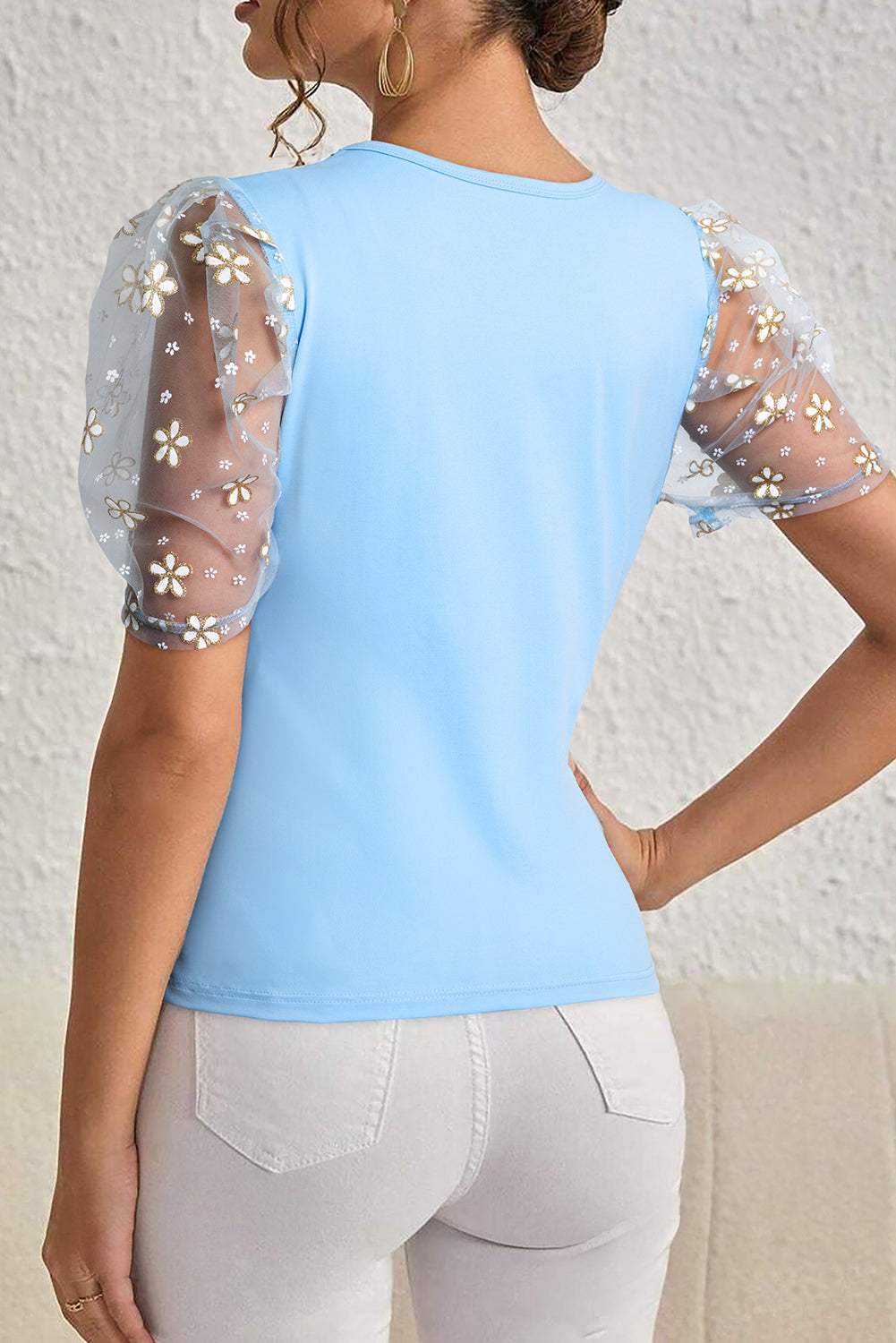 Beau Blue Floral Mesh Puff Sleeve Crew Neck Top Aaria Tees