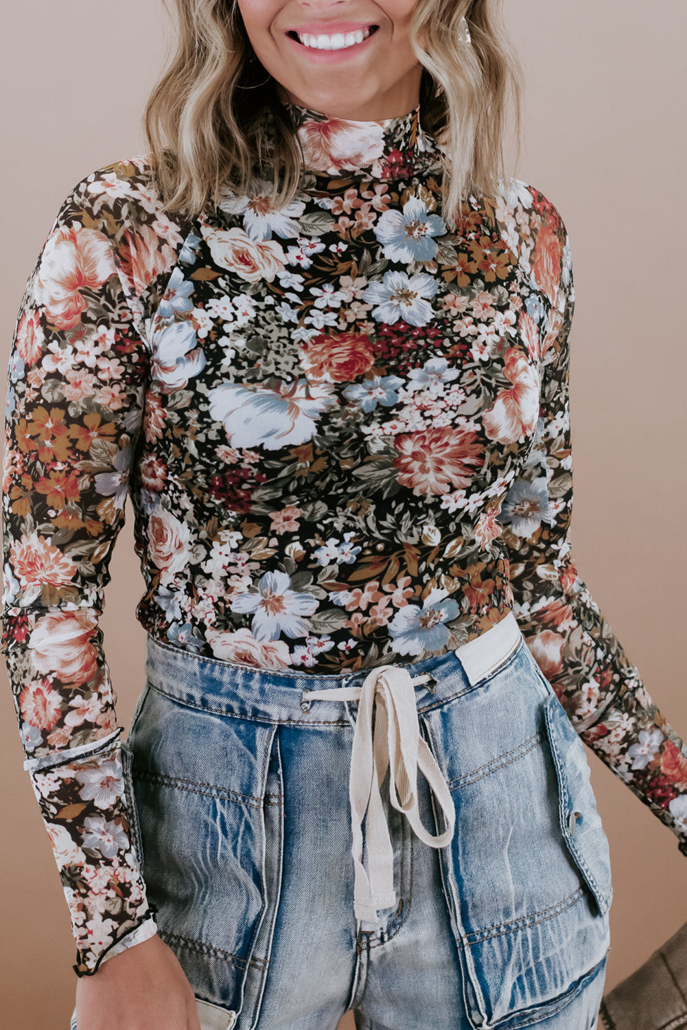Brown Floral Long Sleeve High Neck Sheath Mesh Blouse Aaria Tees Aaria Tees