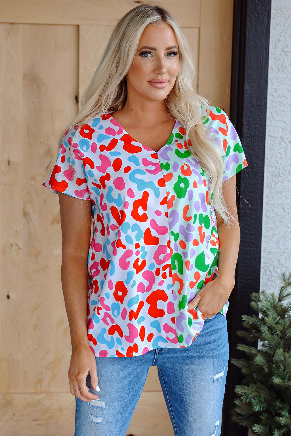 Artemis Leopard V Neck Short Sleeve Blouse