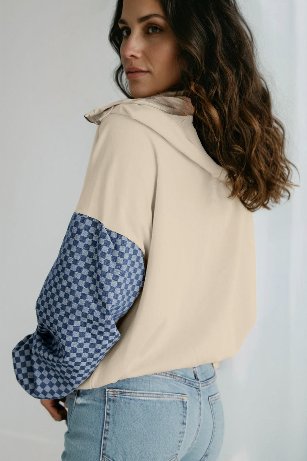 Parchment Checkered Patchwork Kangaroo Pocket Half Zipper Hoodie