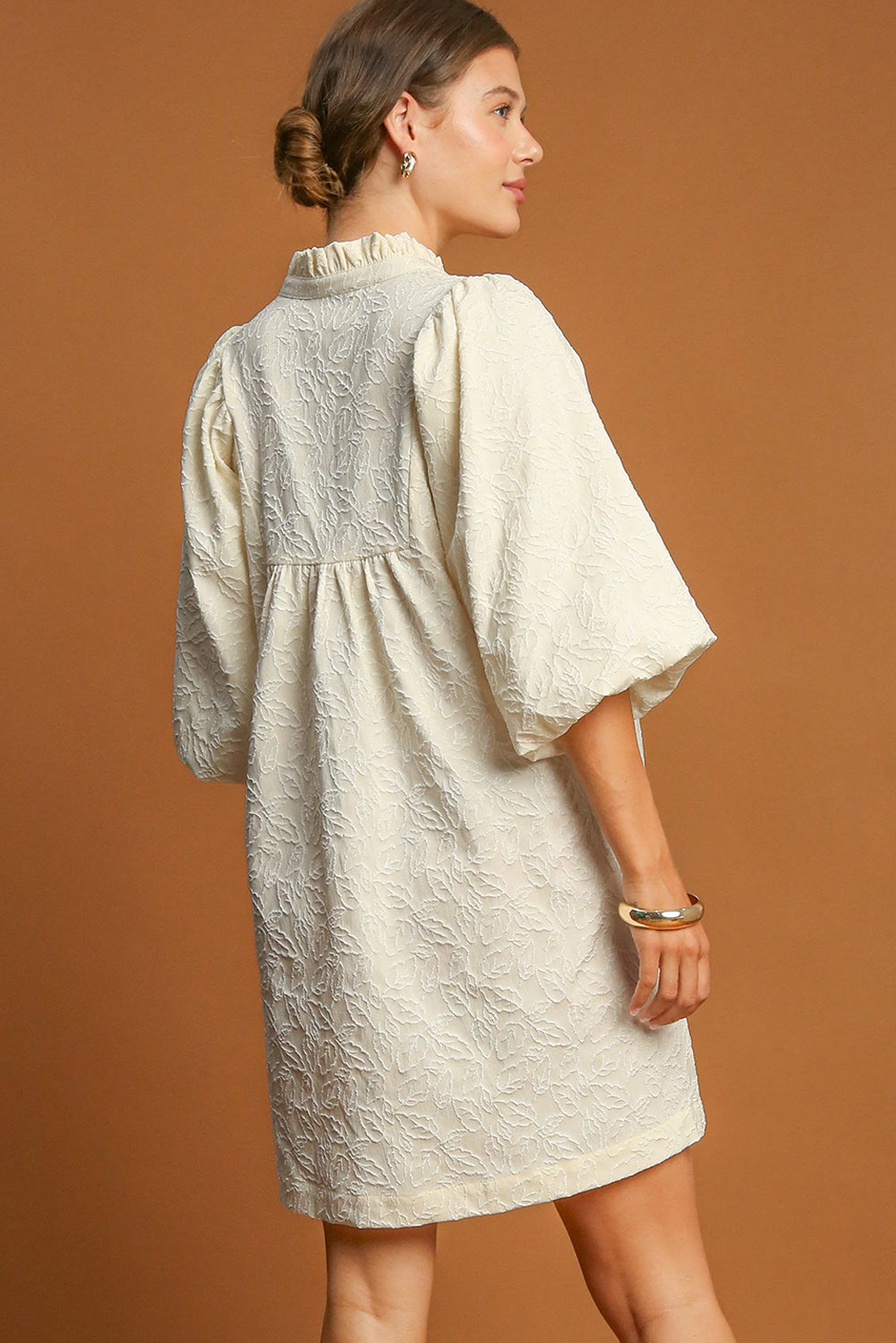 White Floral Textured Bubble Sleeve Frilled Notched Neck Dress Aaria Tees