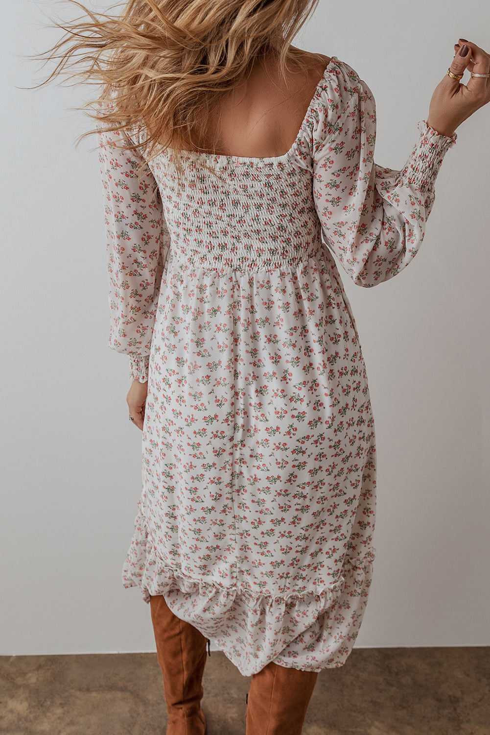 White Floral Print Shirred Ruffled Hem Square Neck Midi Dress Aaria Tees