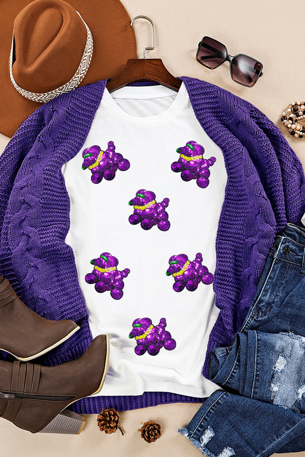 White Sequin Balloon Puppy Graphic Mardi Gras Tee - Aaria Tees