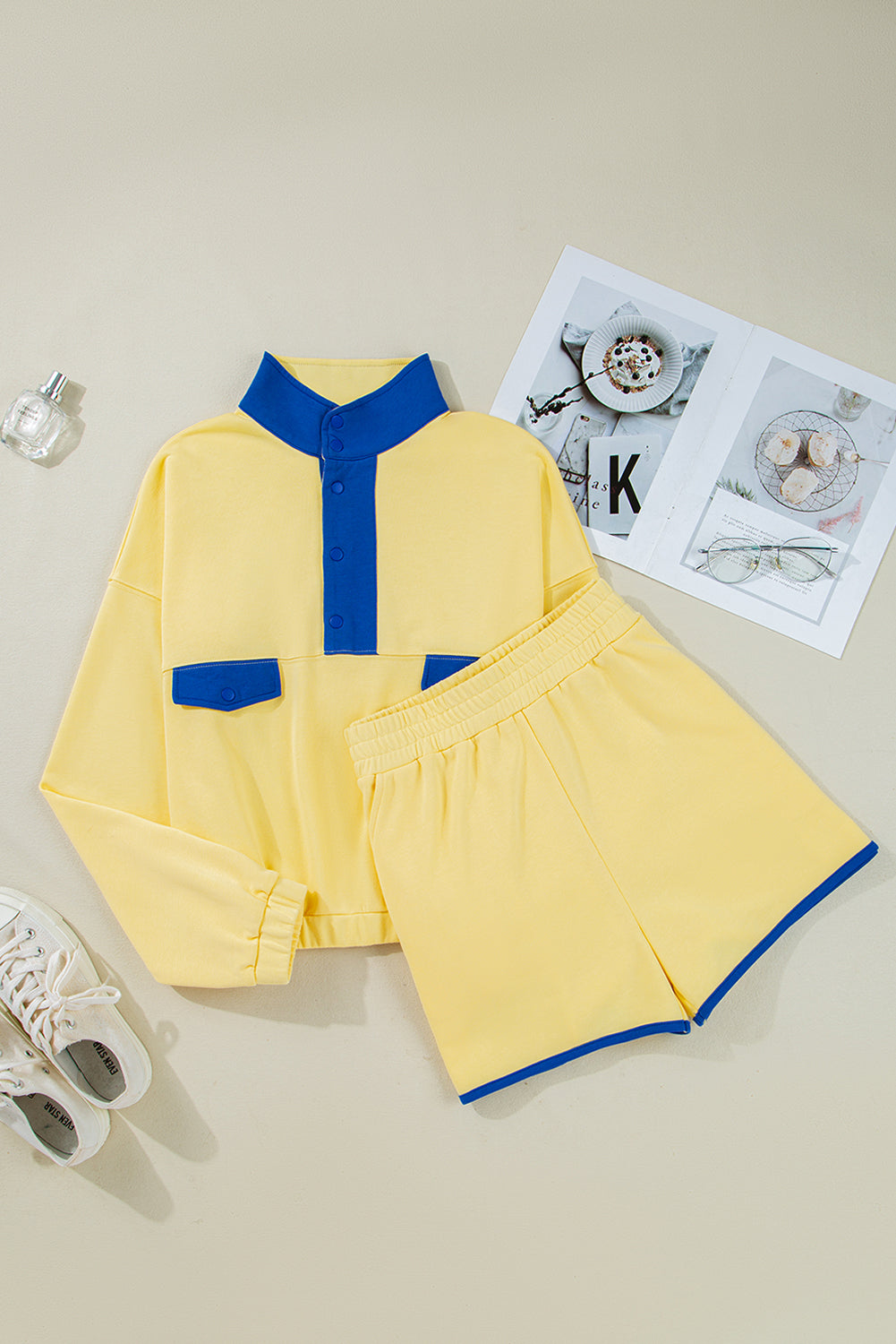 Colorblock Patchwork Pullover and Shorts Set
