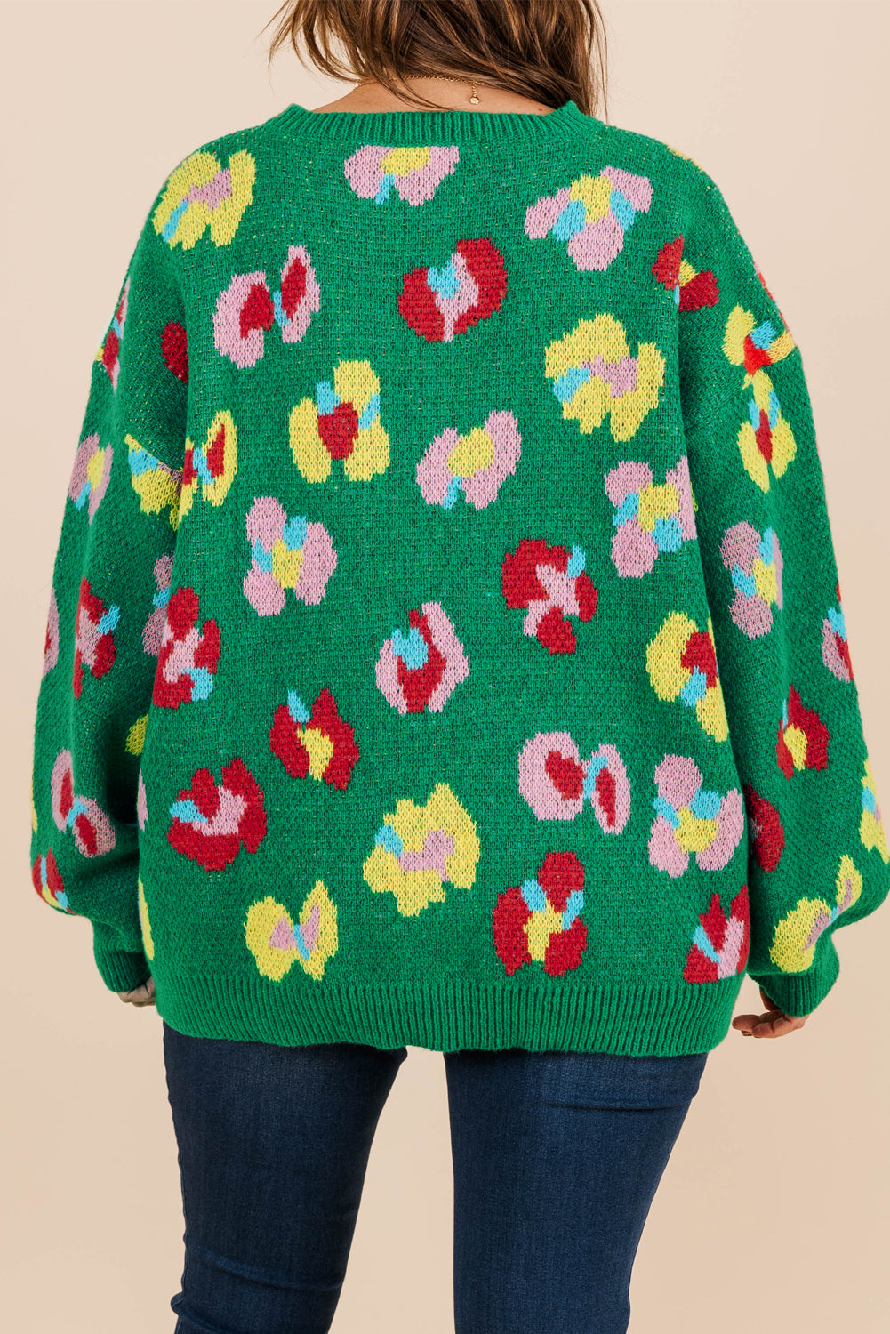 Green Plus Size Floral Knitted Ribbed Edge Drop Shoulder Sweater Aaria Tees Aaria Tees