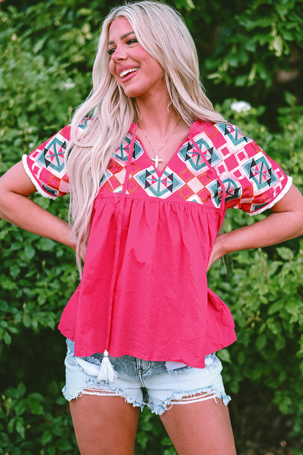 Zayla Embroidered Tassel Tie V Neck Blouse - Aaria Tees