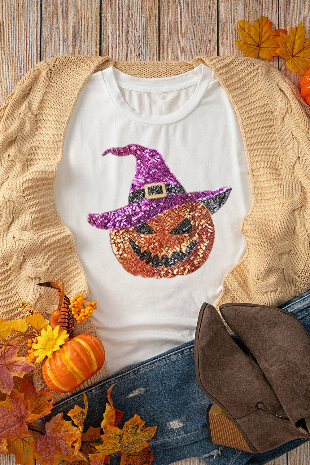 Sequin Pumpkin Round Neck Short Sleeve T-Shirt - Aaria Tees
