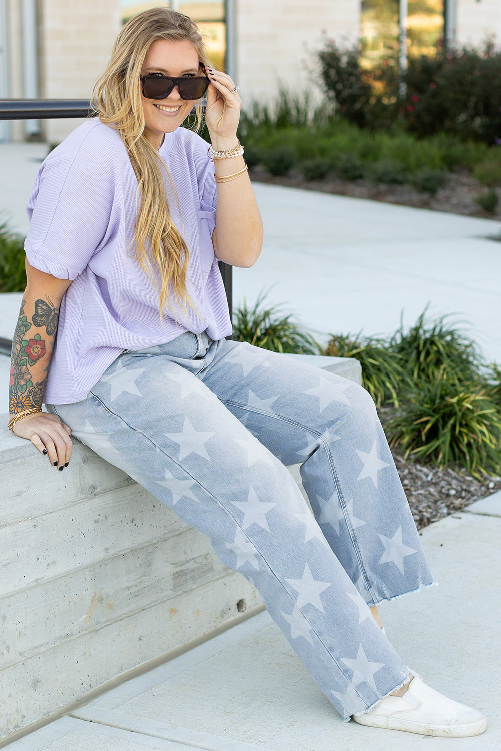 Beau Blue High Waist Star Pattern Plus Size Jeans Aaria Tees