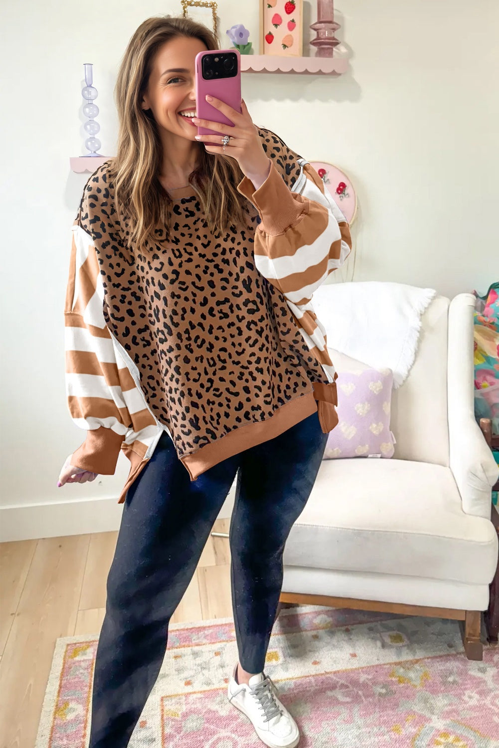 Purple Stripe Color Block Patchwork Leopard Casual Sweatshirt with Slits