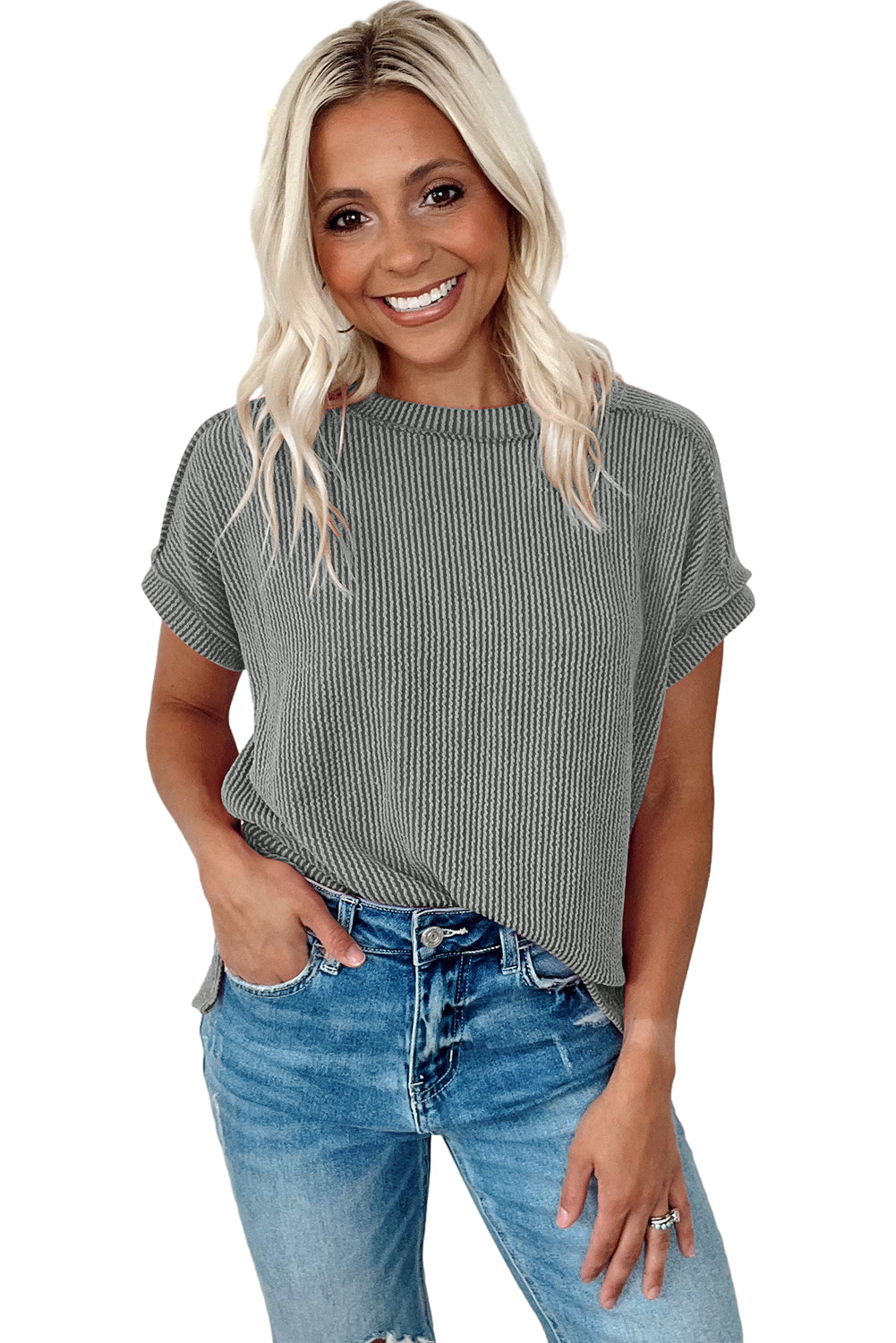 White Textured Knit Exposed Stitching T-shirt
