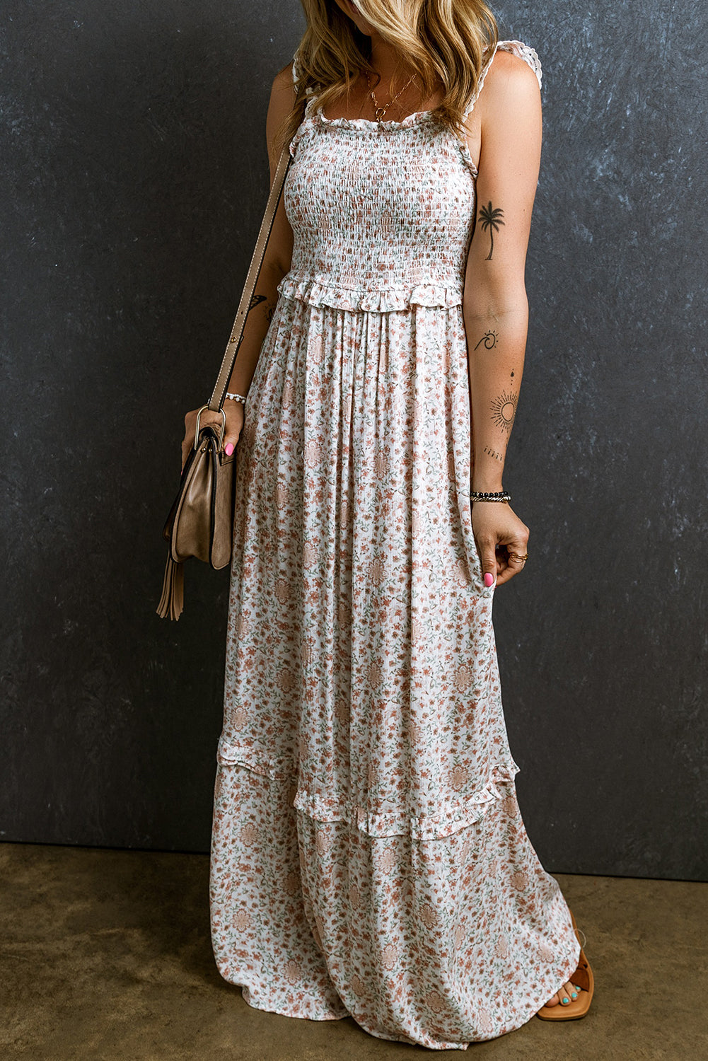 White Lace Frilly Straps Shirred Floral Maxi Dress Aaria Tees