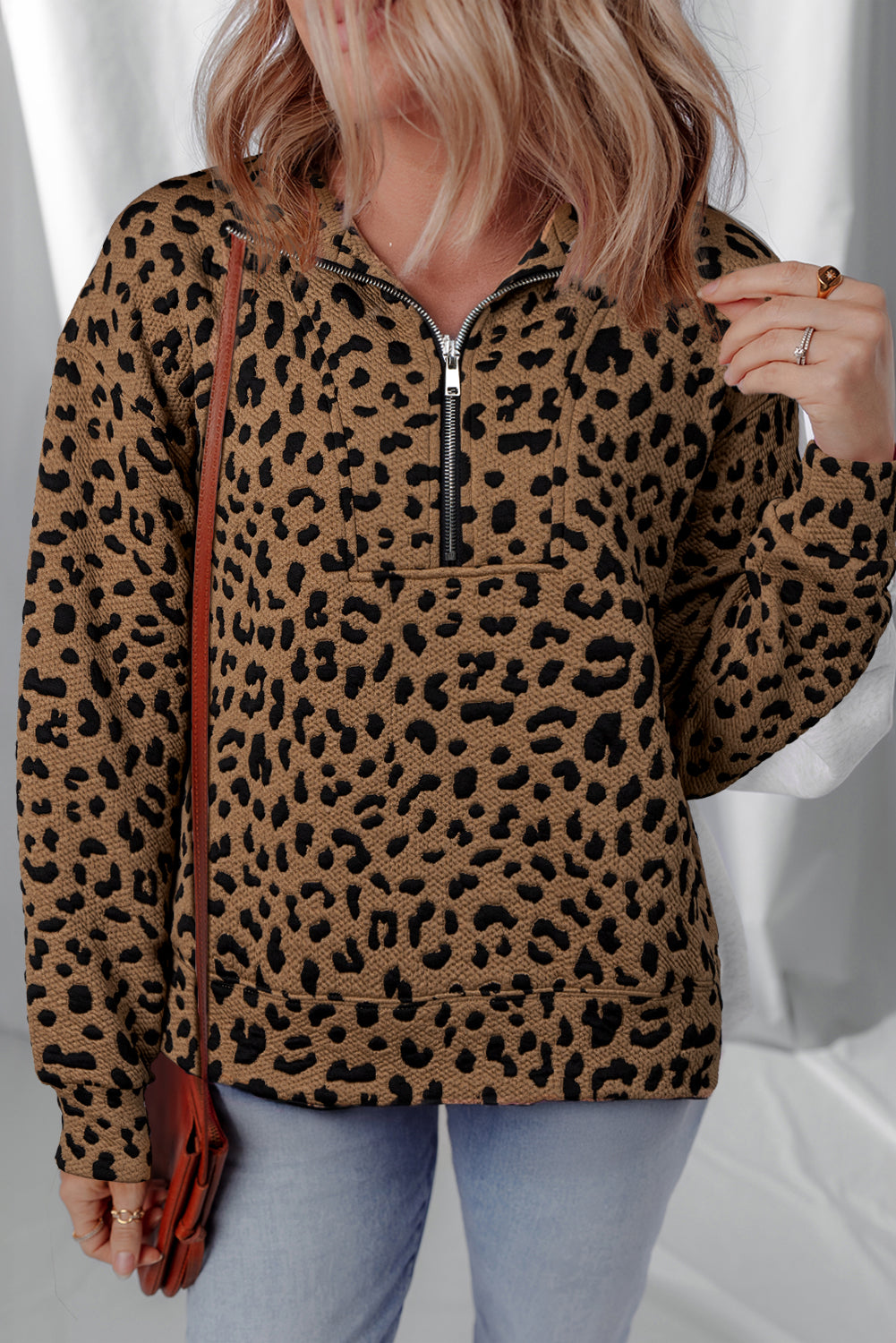 Leopard Quarter-Zip Drop Shoulder Sweatshirt