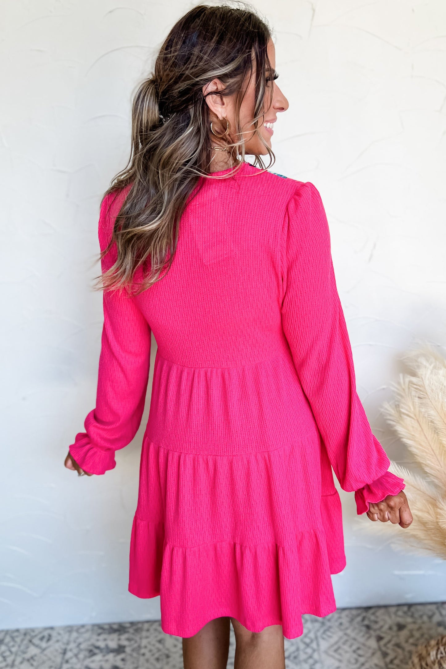 Rose Red Colorful Crochet V Neck Textured Tiered Ruffled Long Sleeve Mini Dress - Aaria Tees Aaria Tees