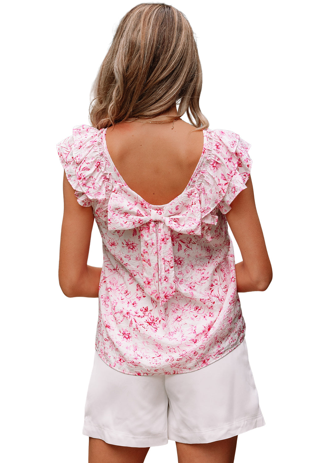 Sky Blue Floral Ruffled Short Sleeve Bow Back Square Neck Blouse