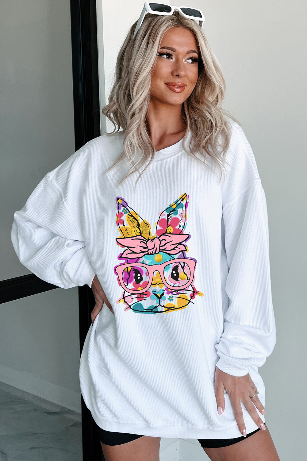 White Floral Rabbit with Glasses Graphic Corded Easter Sweatshirt Aaria Tees