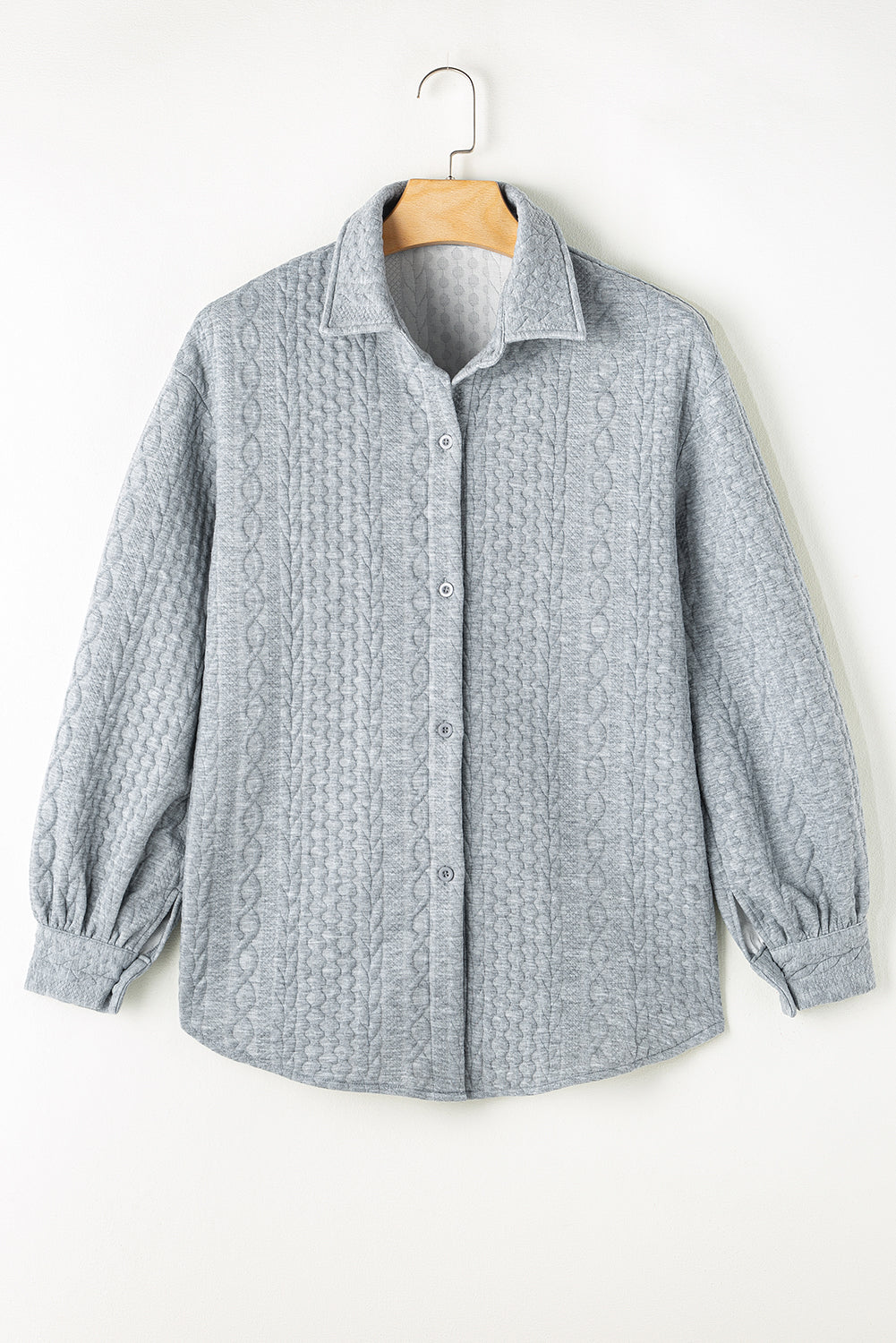 Light Grey Cable Texture Puff Sleeve Loose Shacket