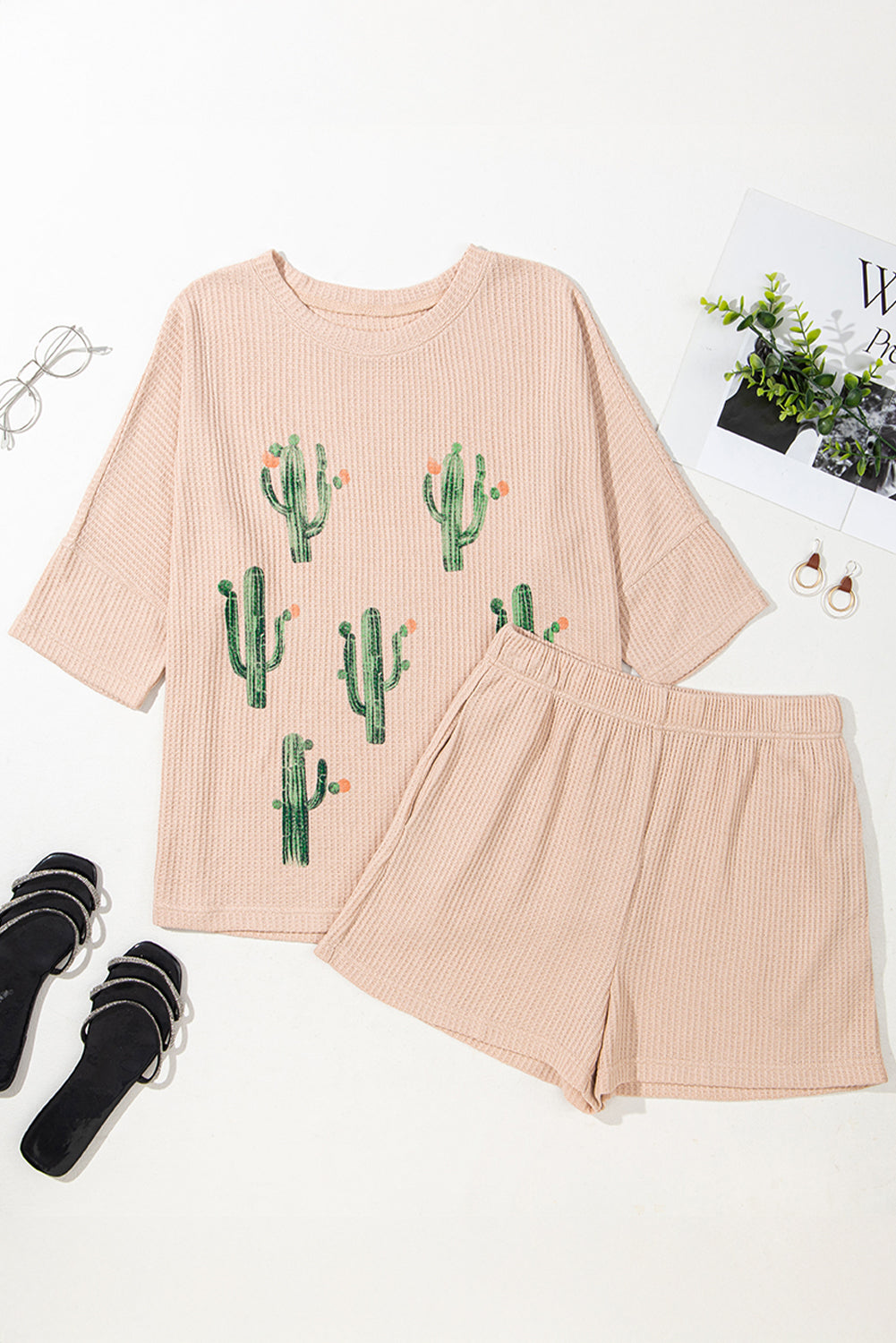 Light French Beige Cactus Forest Waffle Half Sleeve Tee Short Set