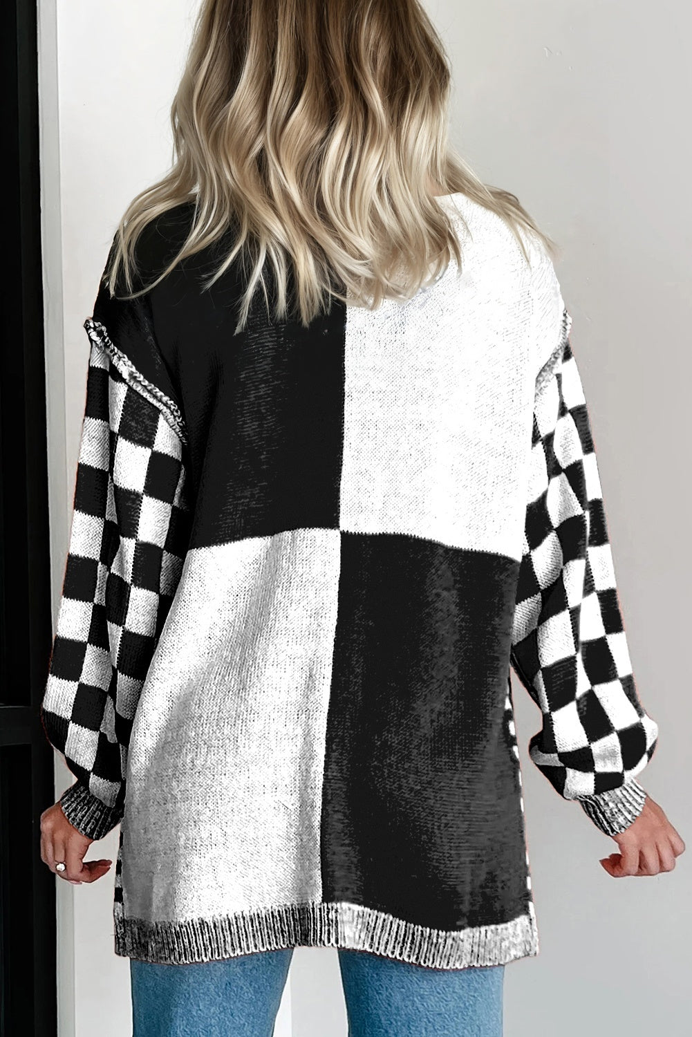 Black Checkered Bubble Sleeve Drop Shoulder Open Cardigan