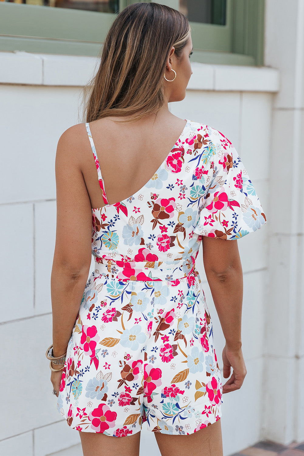 White Floral Single Bubble Sleeve Slant Shoulder Romper Aaria Tees
