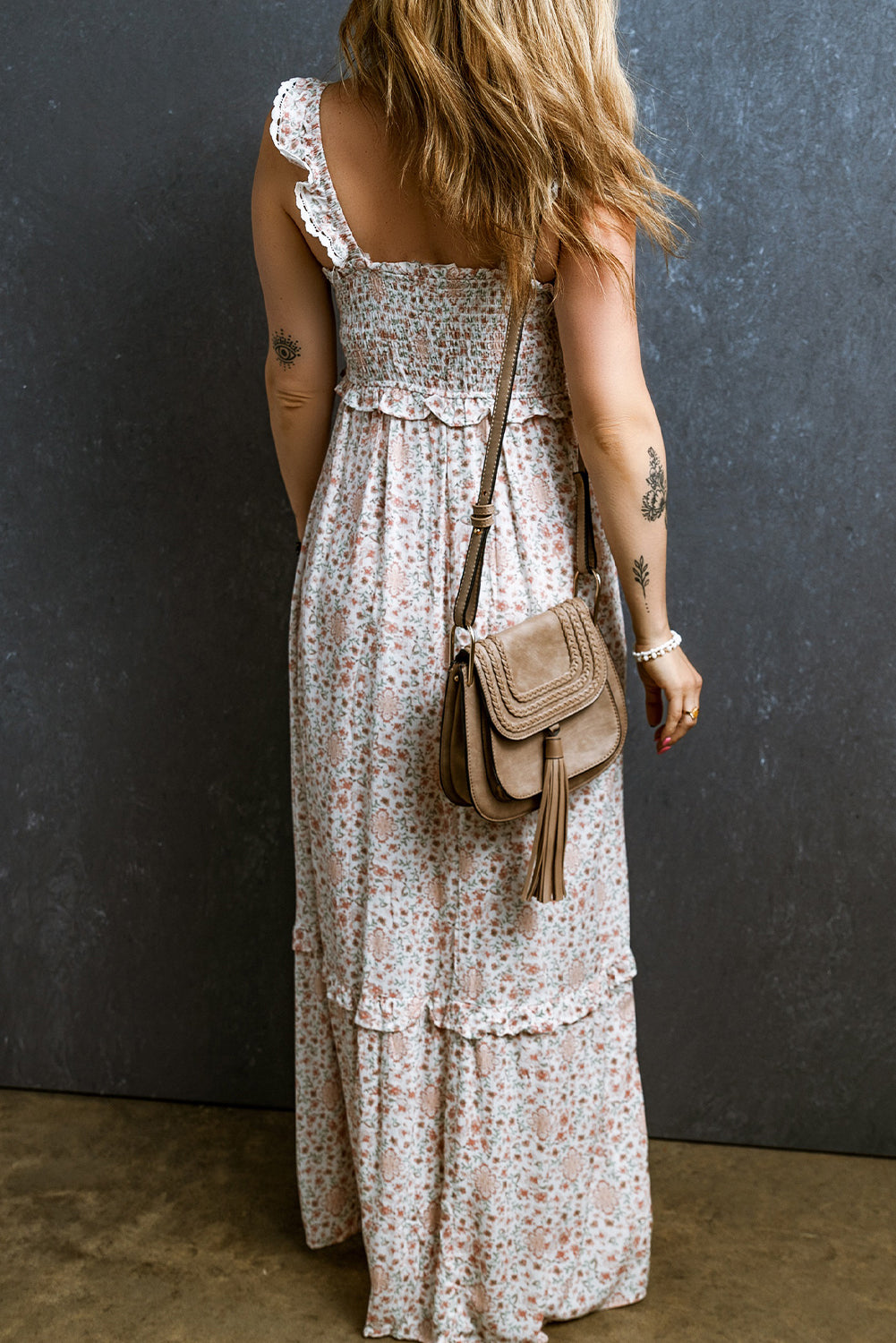 White Lace Frilly Straps Shirred Floral Maxi Dress Aaria Tees