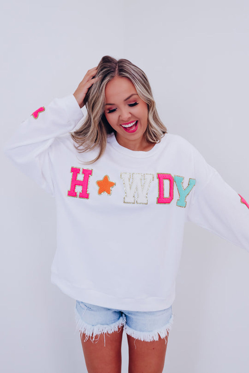 White Howdy Glitter Chenille Patch Graphic Casual Sweatshirt - Aaria Tees