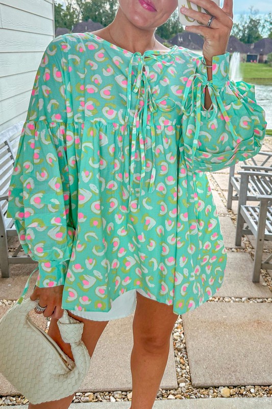 Printed Lace-up Lantern Sleeve Babydoll Blouse YNIQUE Aaria Tees