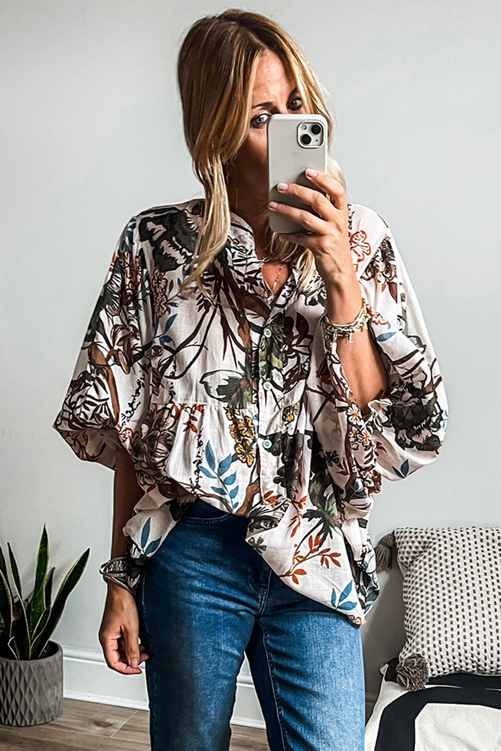 White Floral Print Balloon Sleeves Button Up Loose Casual Shirt Aaria Tees