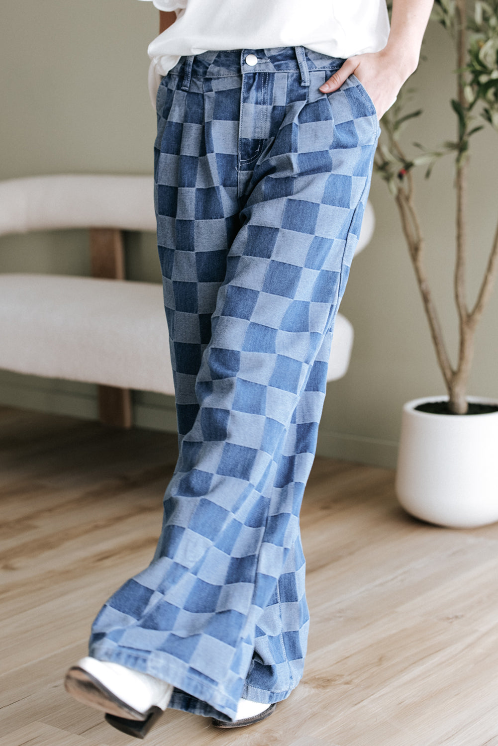 Dusk Blue Checkered Denim Wide Leg Jeans - Aaria Tees
