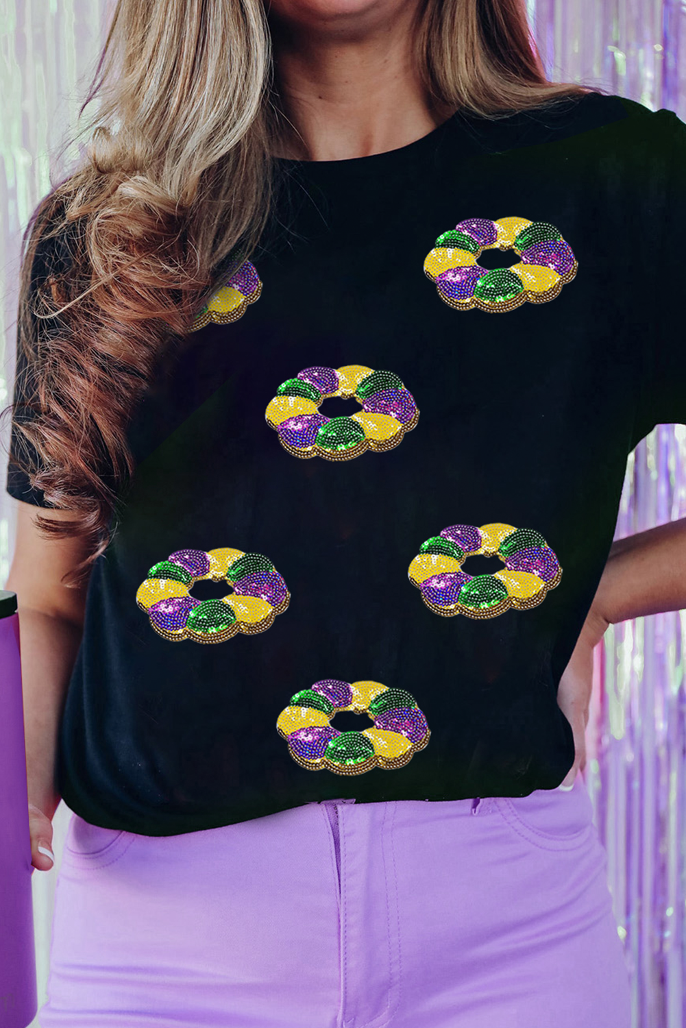White Sequined Mardi Gras Pattern Crew Neck Short Sleeve Top - Aaria Tees Aaria Tees