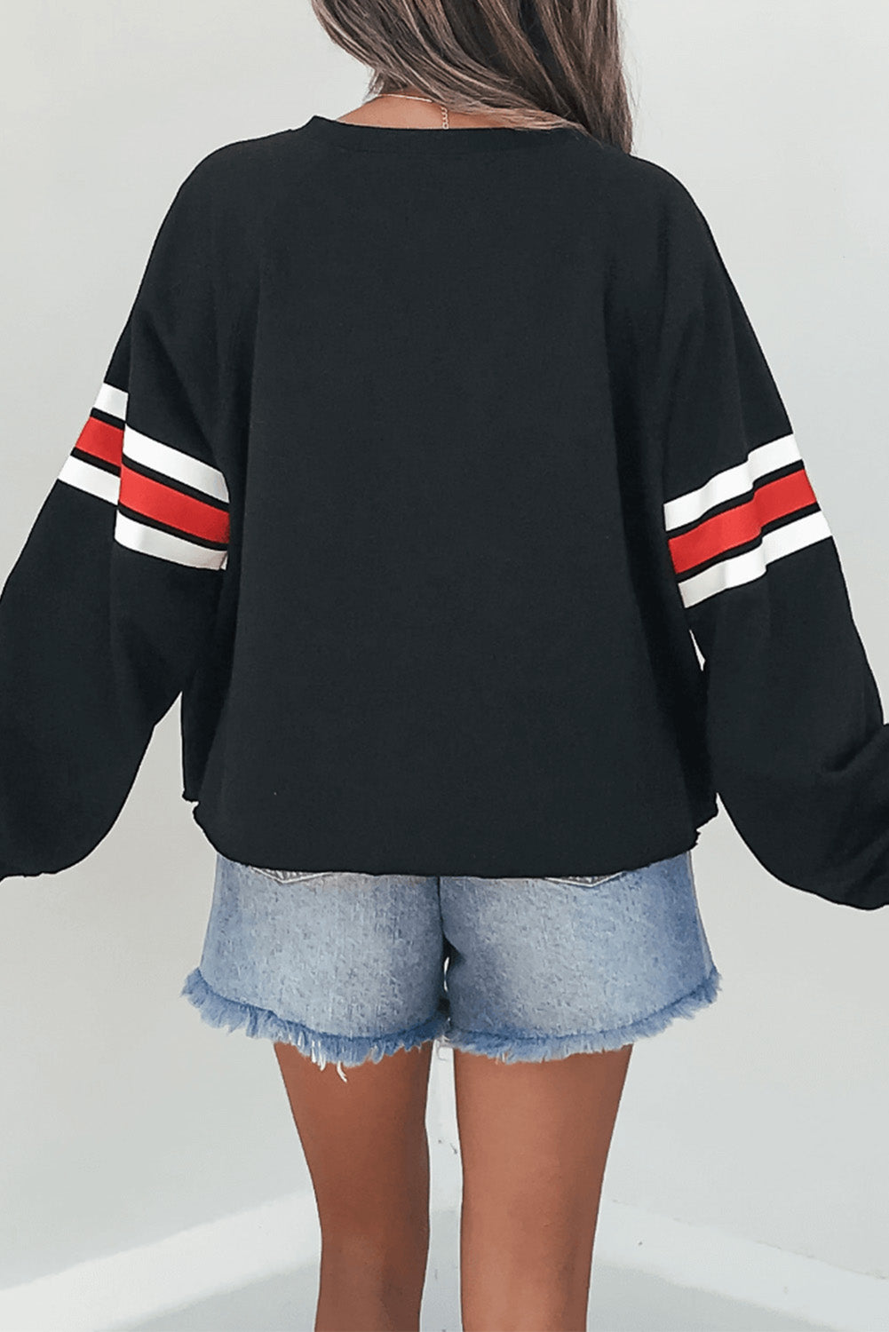 Black Varsity Spirit Striped 89 Graphic Casual Sweatshirt