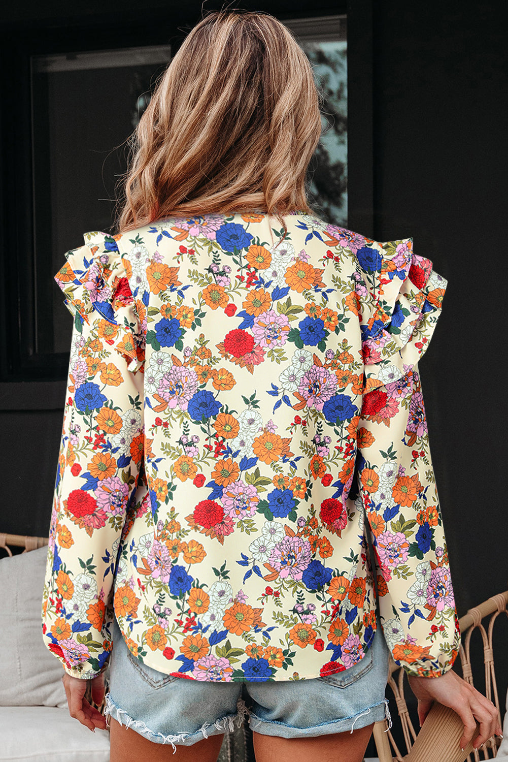 Apricot Ruffled Shoulder Long Sleeve Floral Blouse