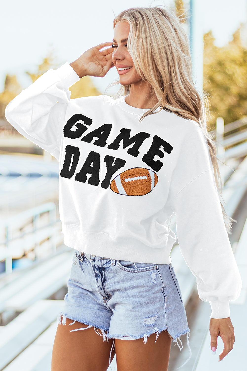White GAME DAY Graphic Varsity Pullover Sweatshirt - Aaria Tees