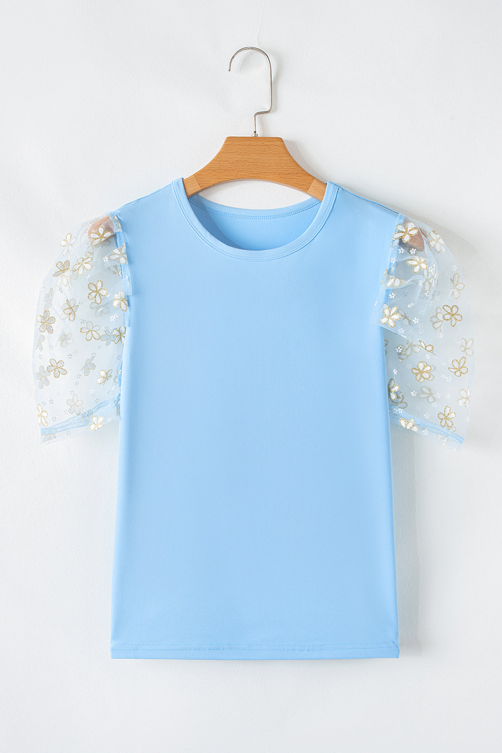 Beau Blue Floral Mesh Puff Sleeve Crew Neck Top Aaria Tees
