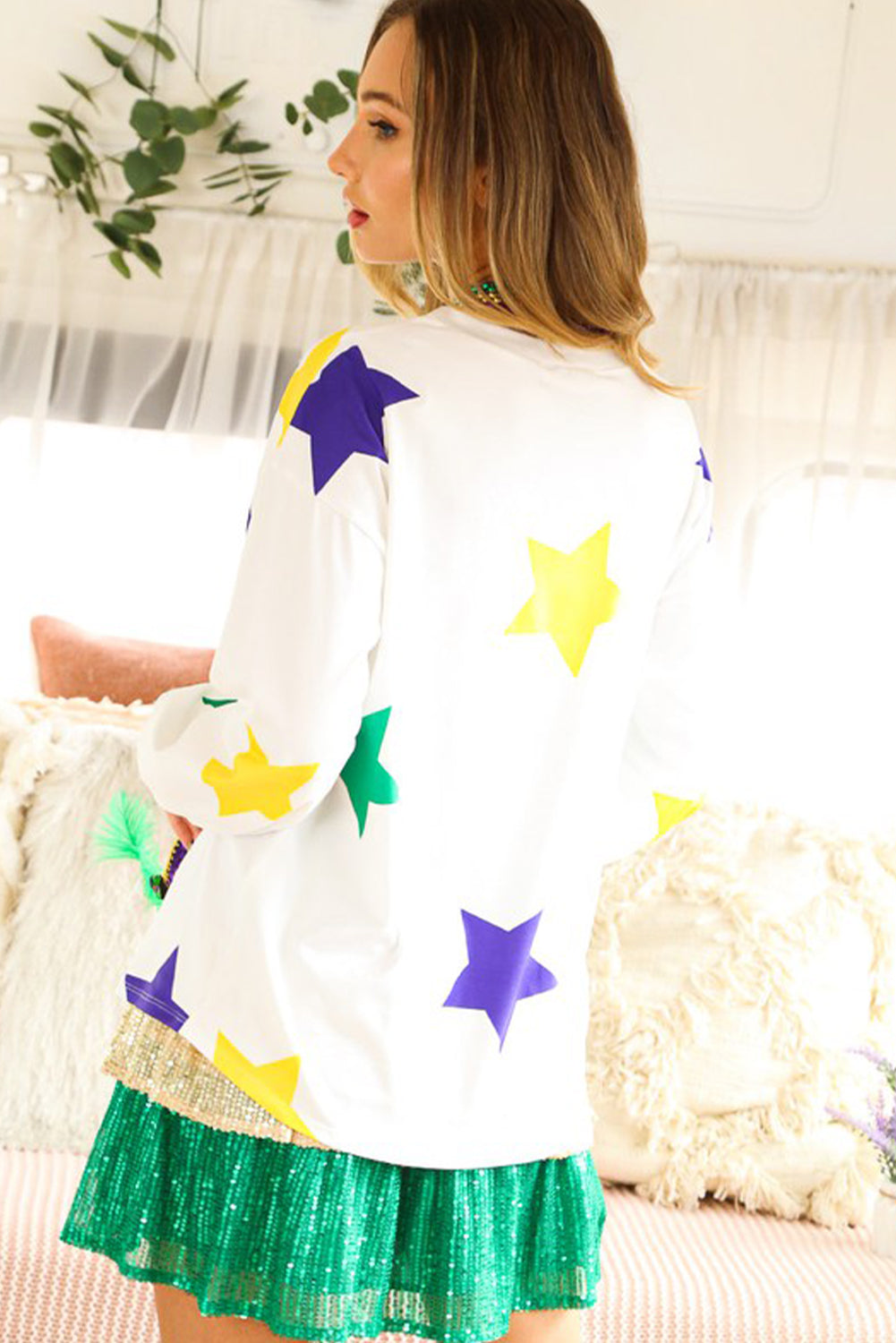 White Mardi Gras Star Printed Long Sleeve Top - Aaria Tees
