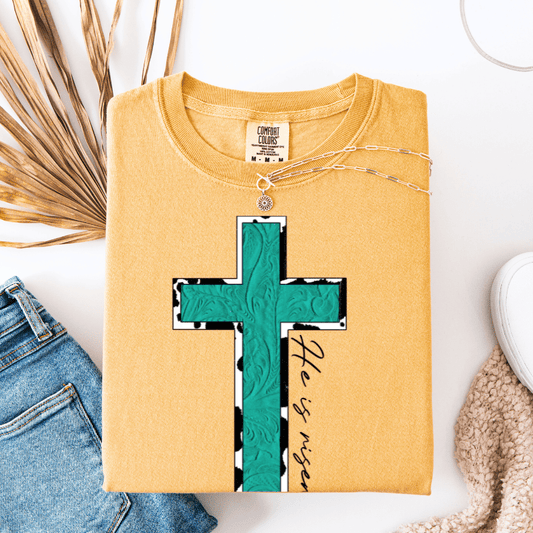 Turquoise & Cow Print He is Risen Cross Graphic Tee