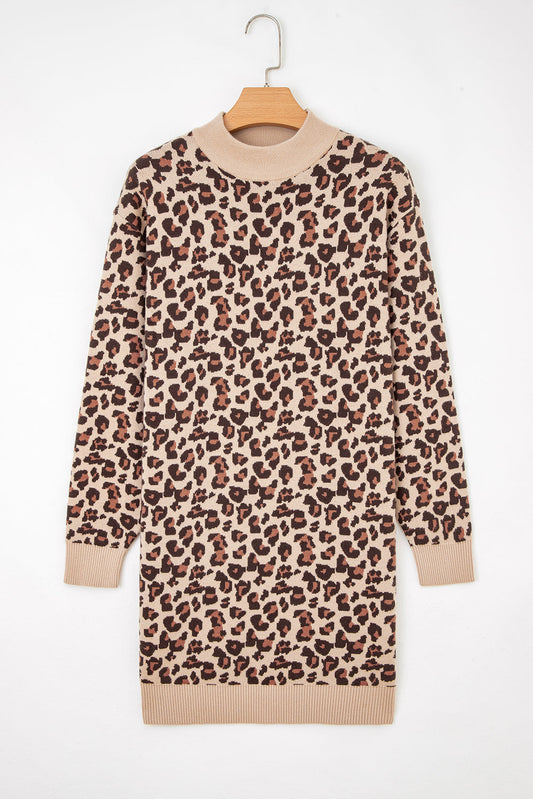 Leopard High Neck Long Sleeve Sweater Dress