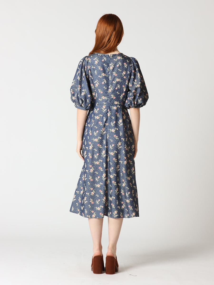 Floral Print Puff Sleeve Round Neck Long Dress - Gracia D32724 - Aaria Tees