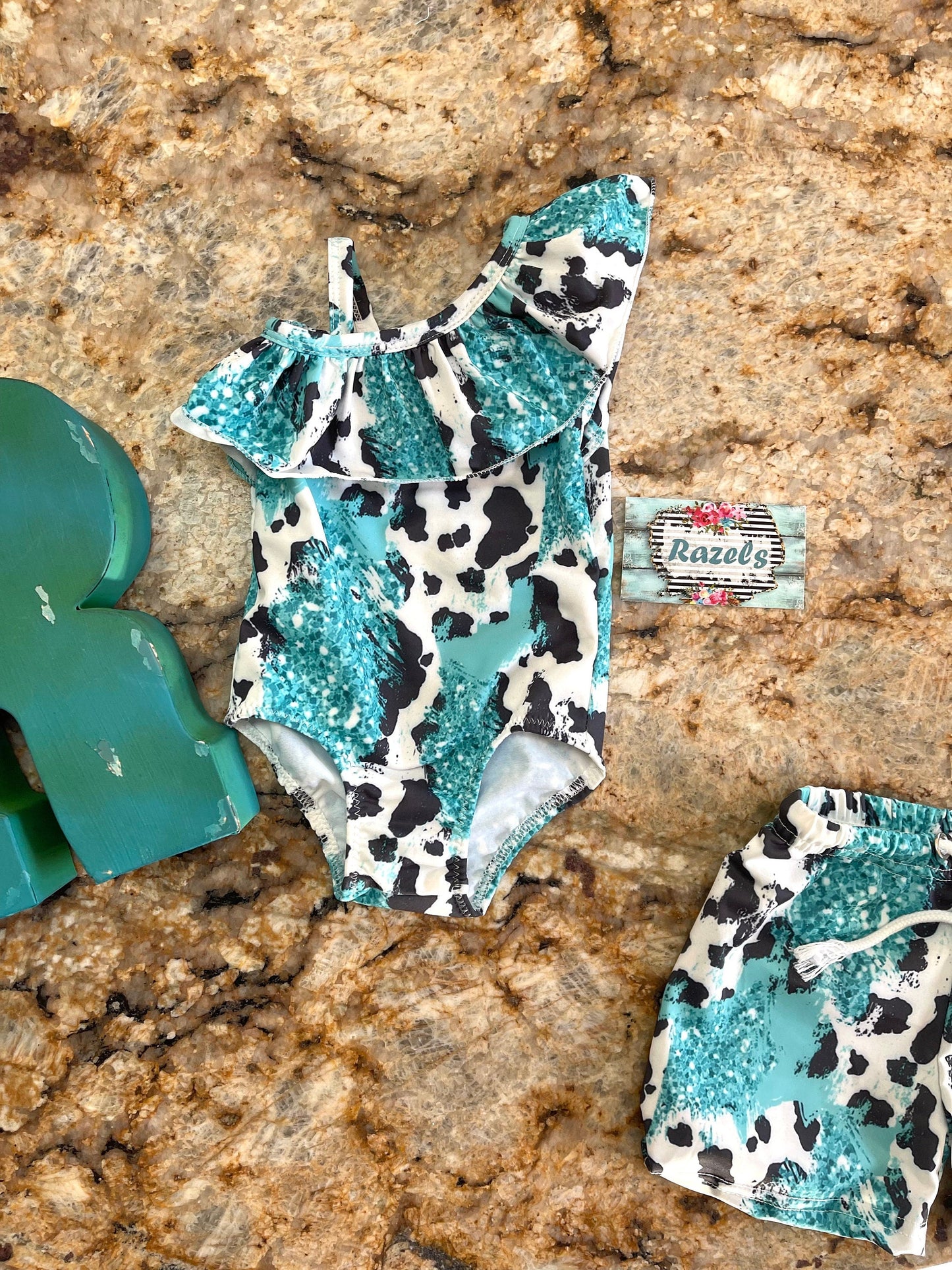 TURQUOISE COWPRINT, Cow Swimsuits, SIBLING Swimsuits, Western Swimsuits, Turquoise Cowhide, Black and White Cow, Matching Family Swimsuits,