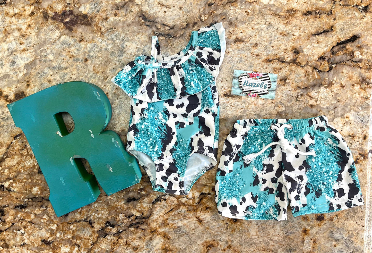 TURQUOISE COWPRINT, Cow Swimsuits, SIBLING Swimsuits, Western Swimsuits, Turquoise Cowhide, Black and White Cow, Matching Family Swimsuits,